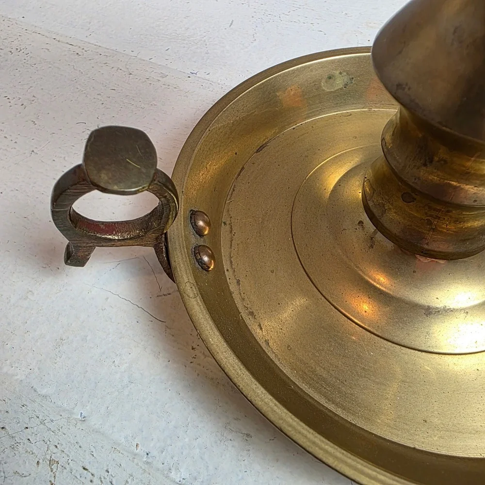 Vintage Brass‎ Chamberstick Candle Holder with Etched Glass Hurricane Chimney